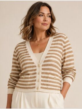 NWT TALBOTS KATE STRIPED CARDIGAN SWEATER PLUS 2X WOOL BLEND GOLD CREST BUTTONS